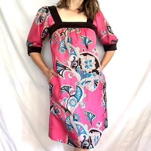 Banana Republic 100% silk floral paisley pink brown dress pockets size XS